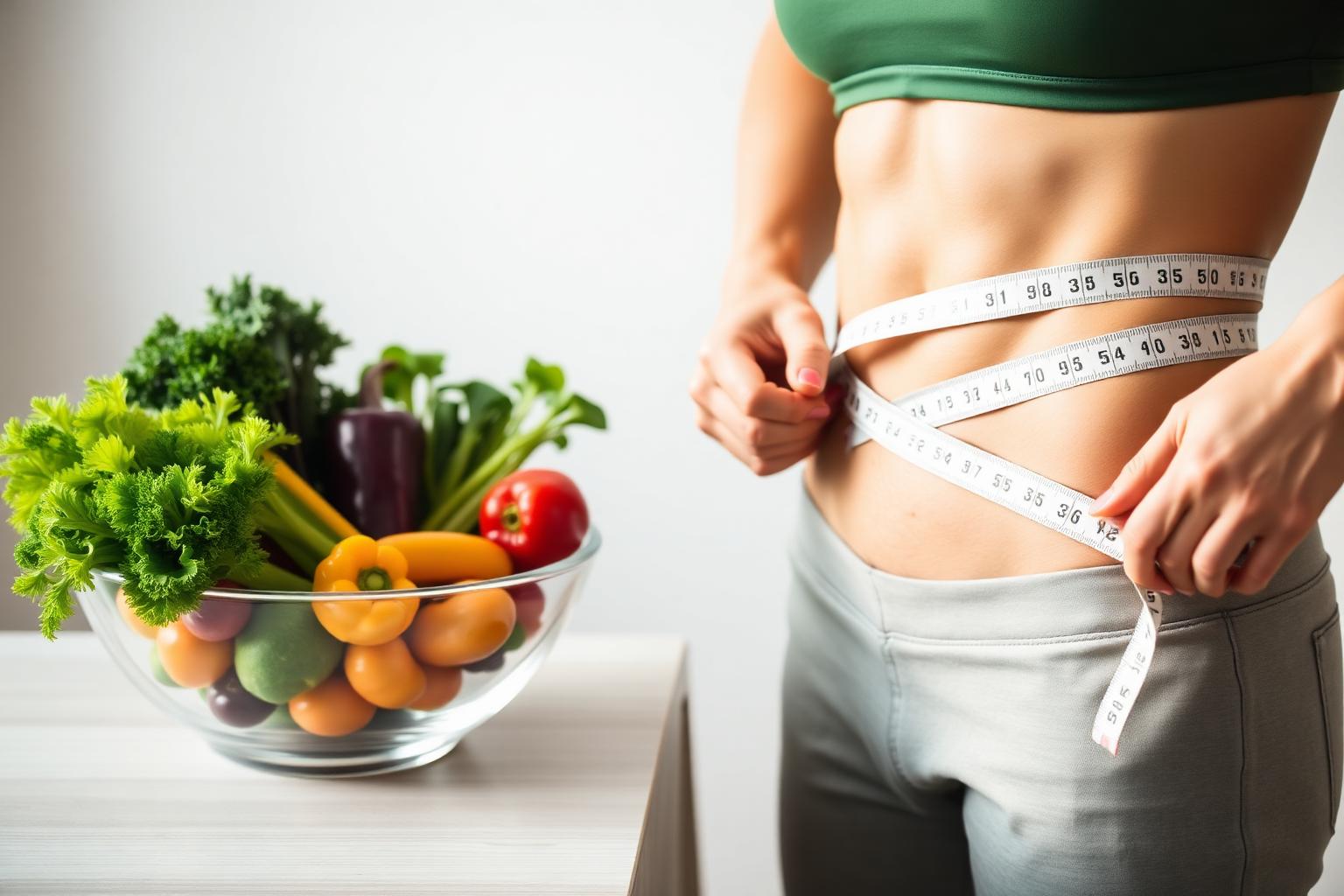 Person measuring waist next to fresh vegetables